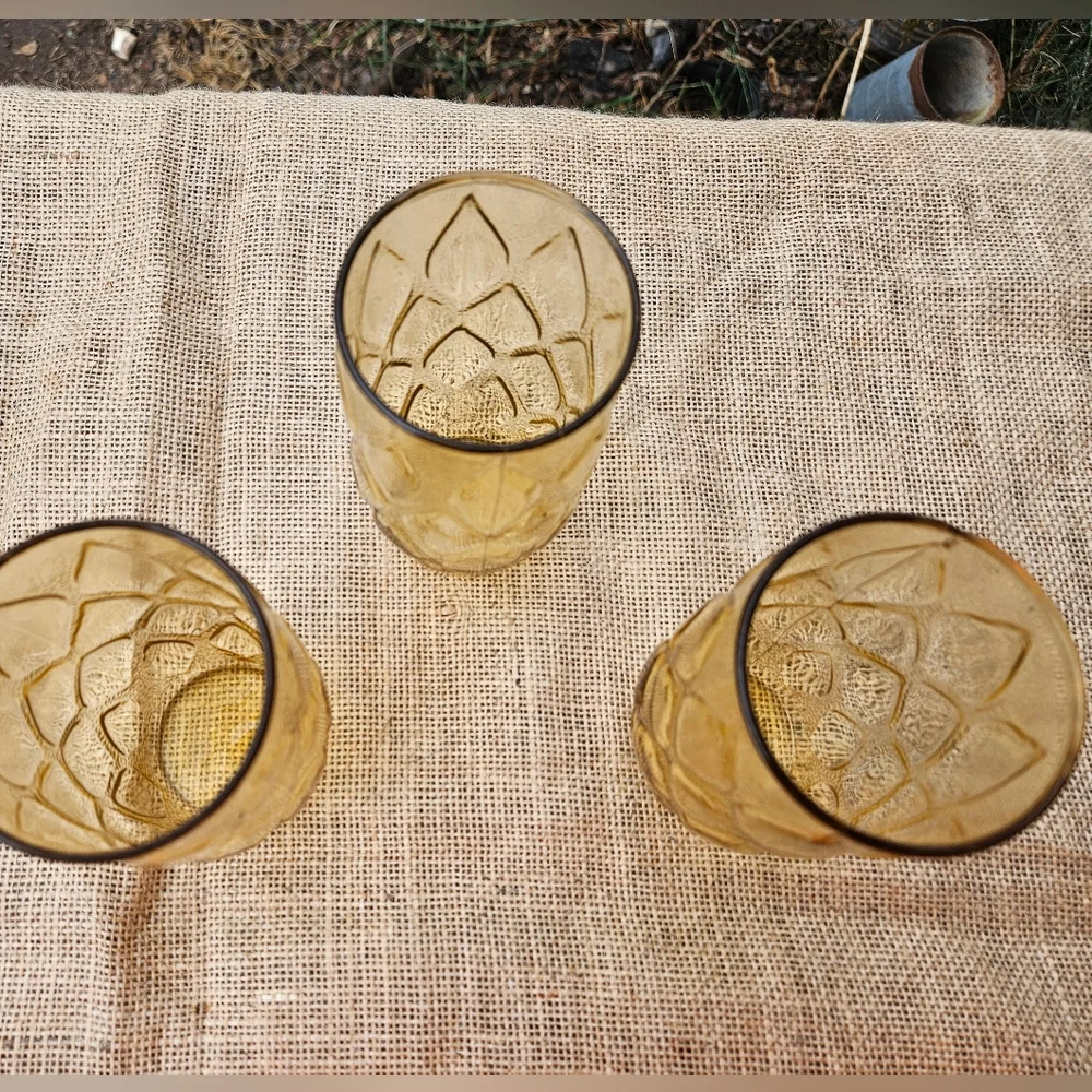 Set of Three Vintage Amber Glass Tumblers Libbey Madrid Pattern 60s 70s Era Boho - Picture 7 of 12